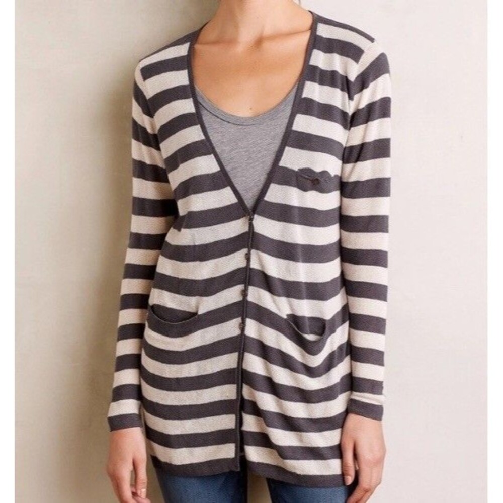 Anthropologie Moth Striped Gray Cream Cardigan Sweater Cotton Sz L